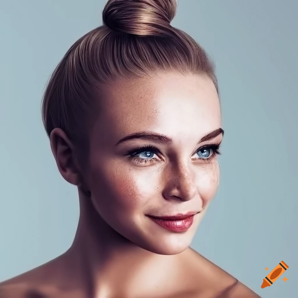 Portrait of a beautiful young woman with freckles and blonde bun hair