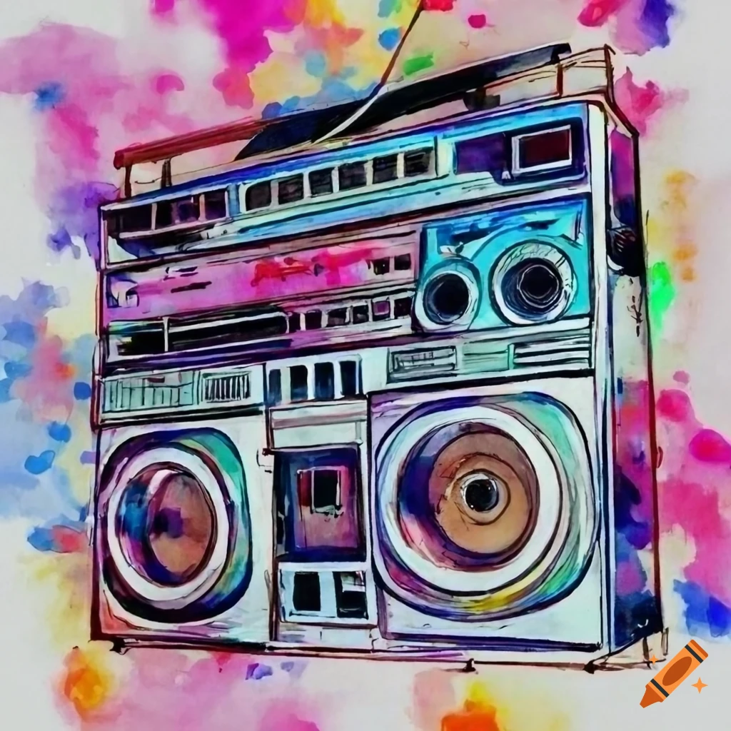 watercolor illustration of a Japan boombox in the 1970s
