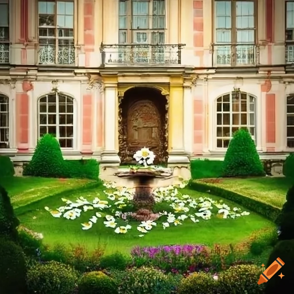 elegant garden with a fountain and flowerbeds