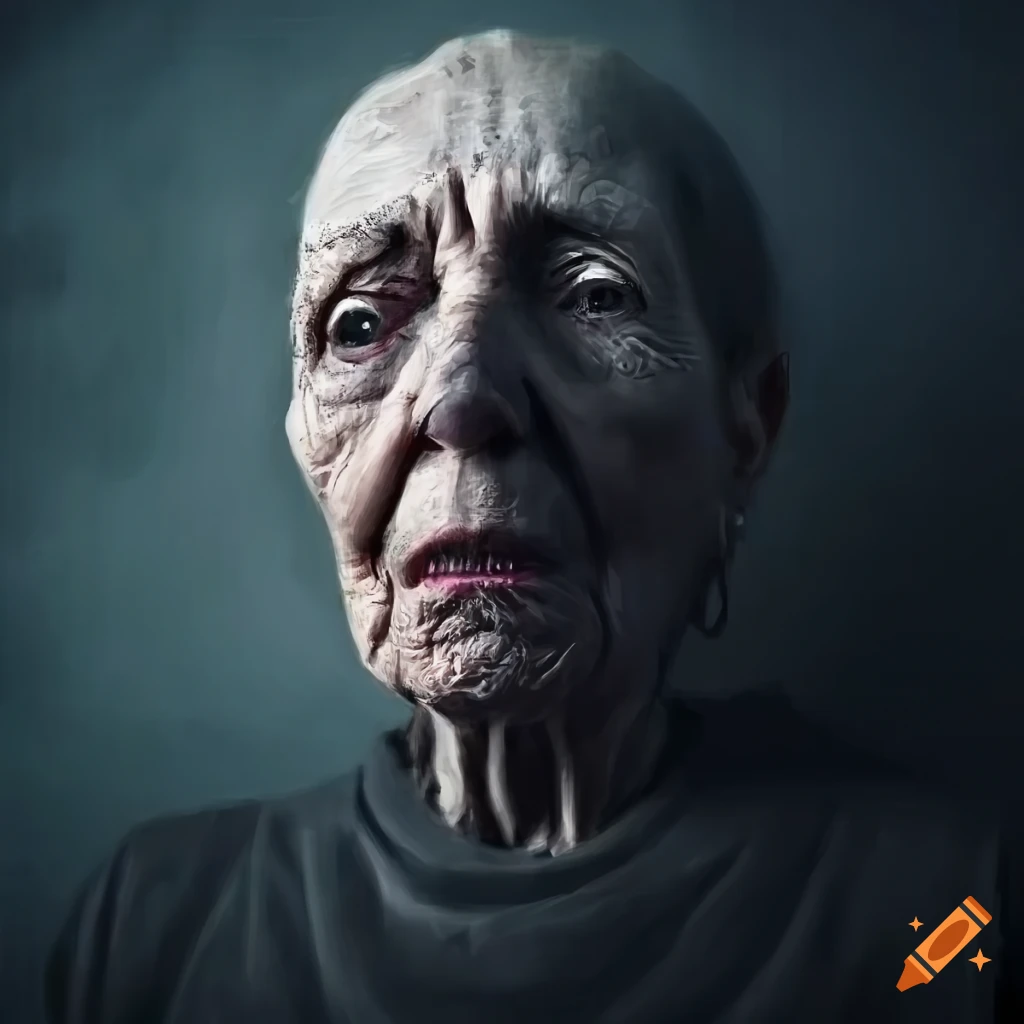 Portrait of an old woman with a black raven on craiyon