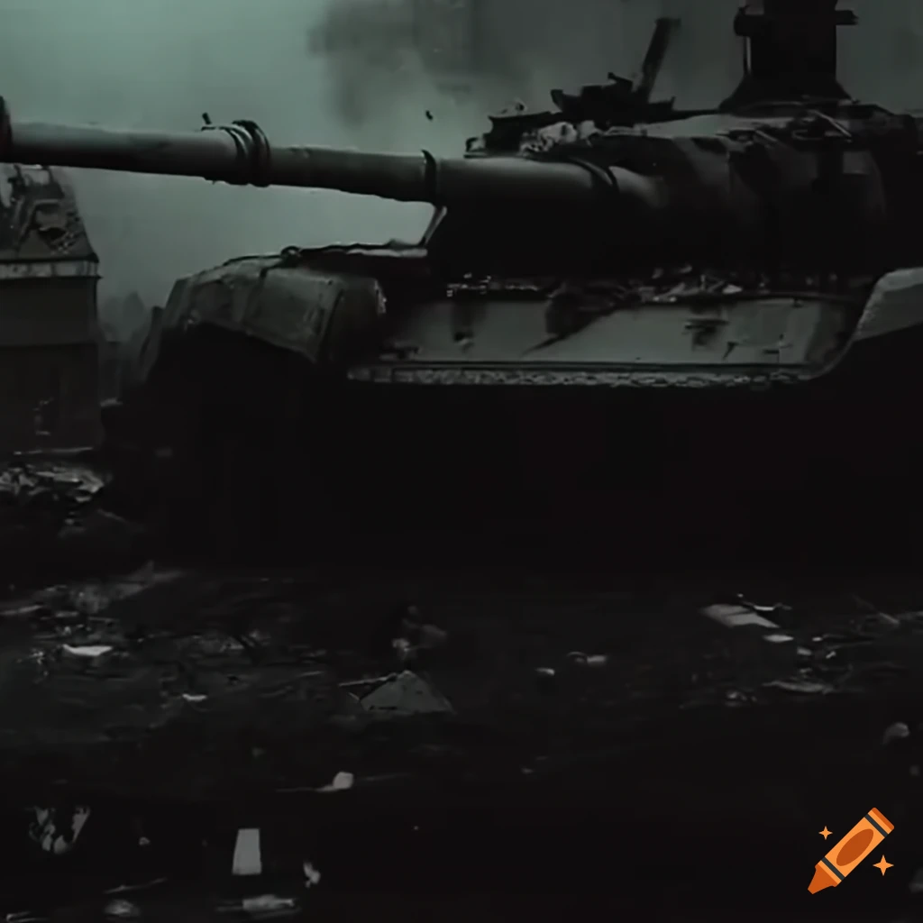 detailed image of Russian T-72M in a dark war torn city