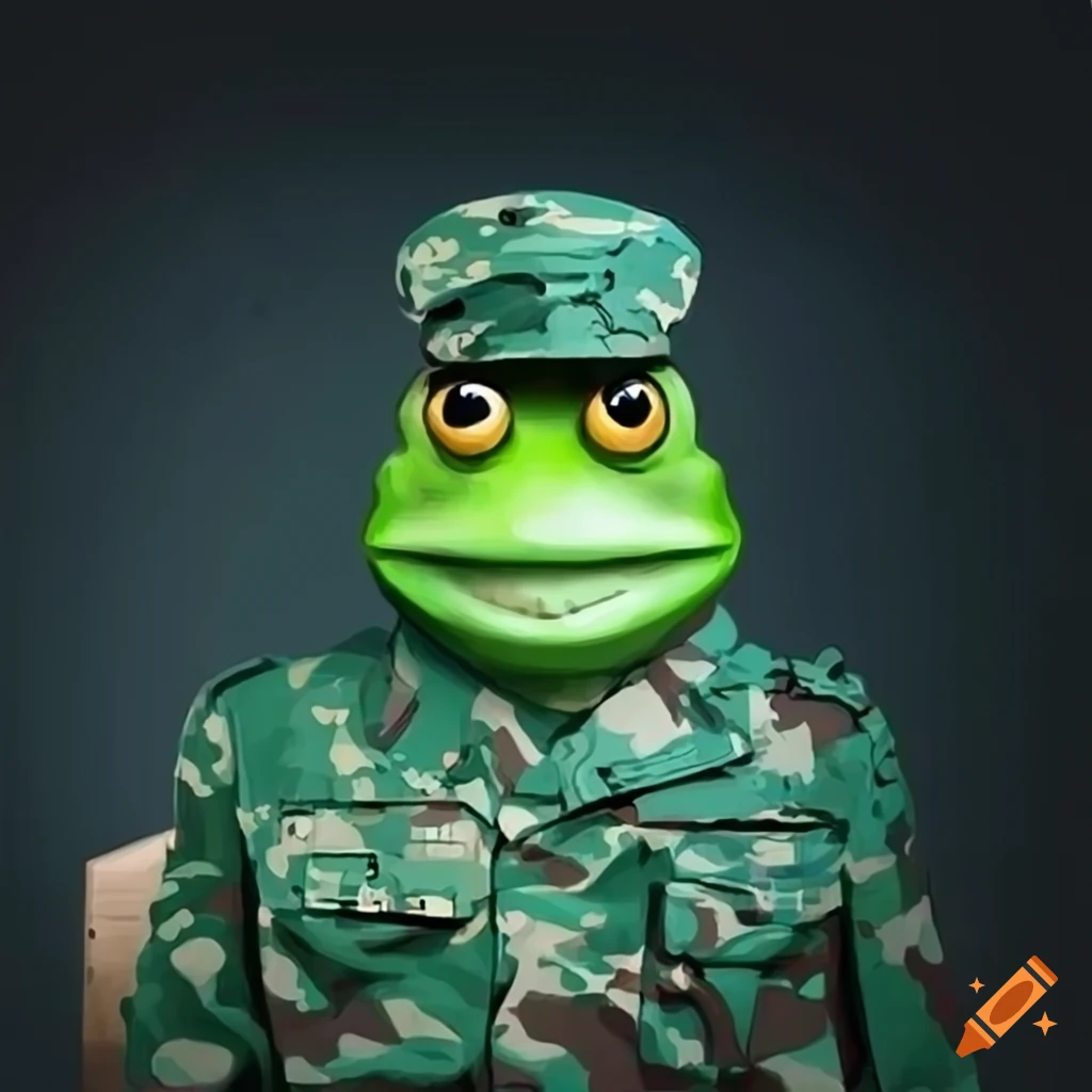 Comic illustration of a military frog guarding a wall