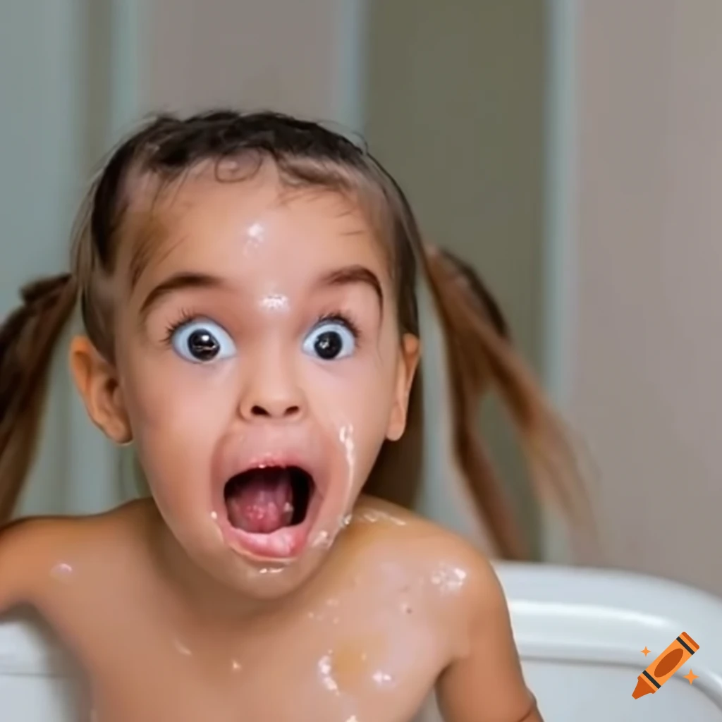 surprised toddler girl with straight hair and pigtails eating a white popsicle