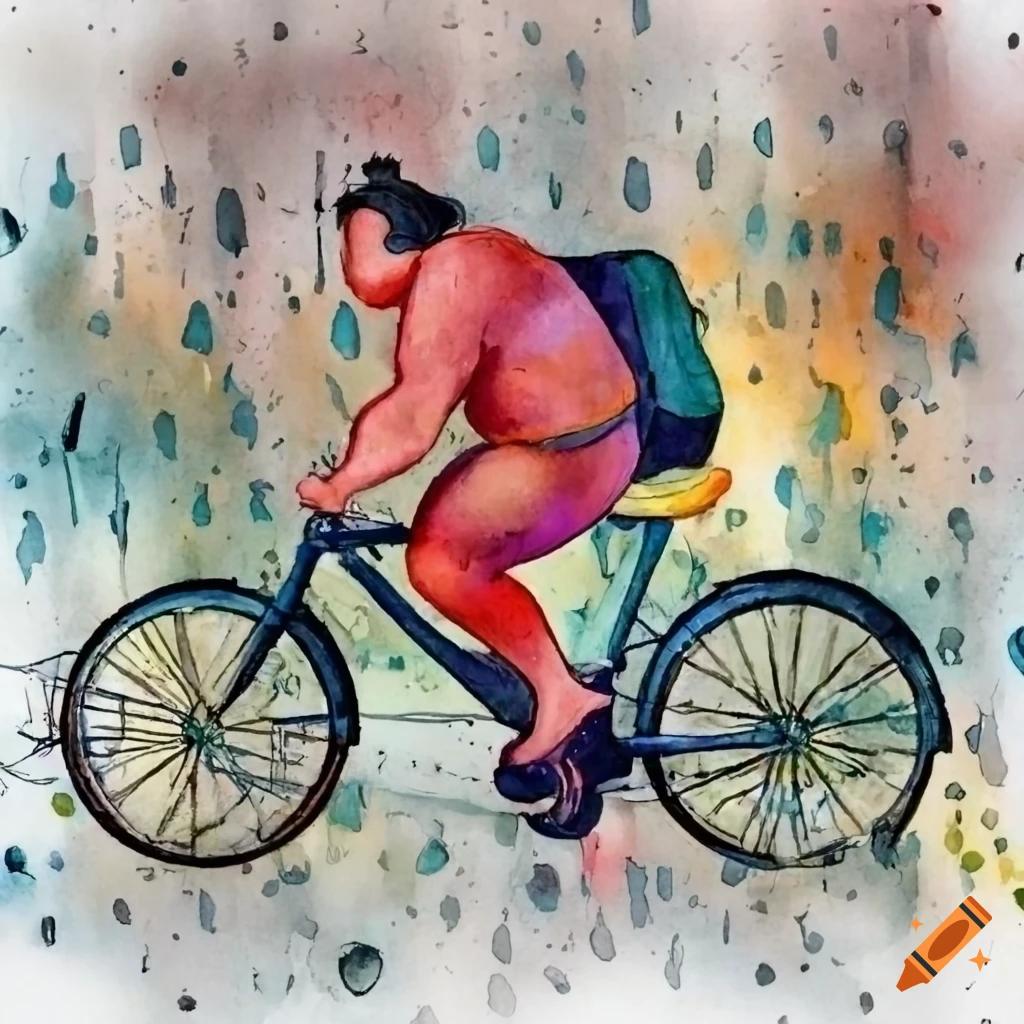 watercolor of a sumo delivering on a bicycle