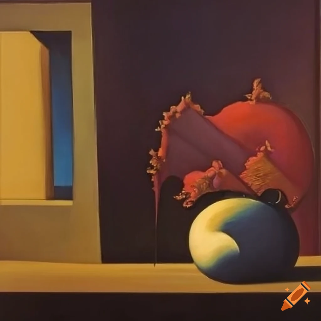 still life painting with cityscape elements
