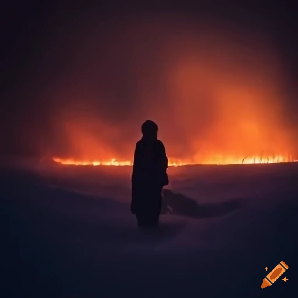 cinematic picture of a wildfire in a snowy field at night