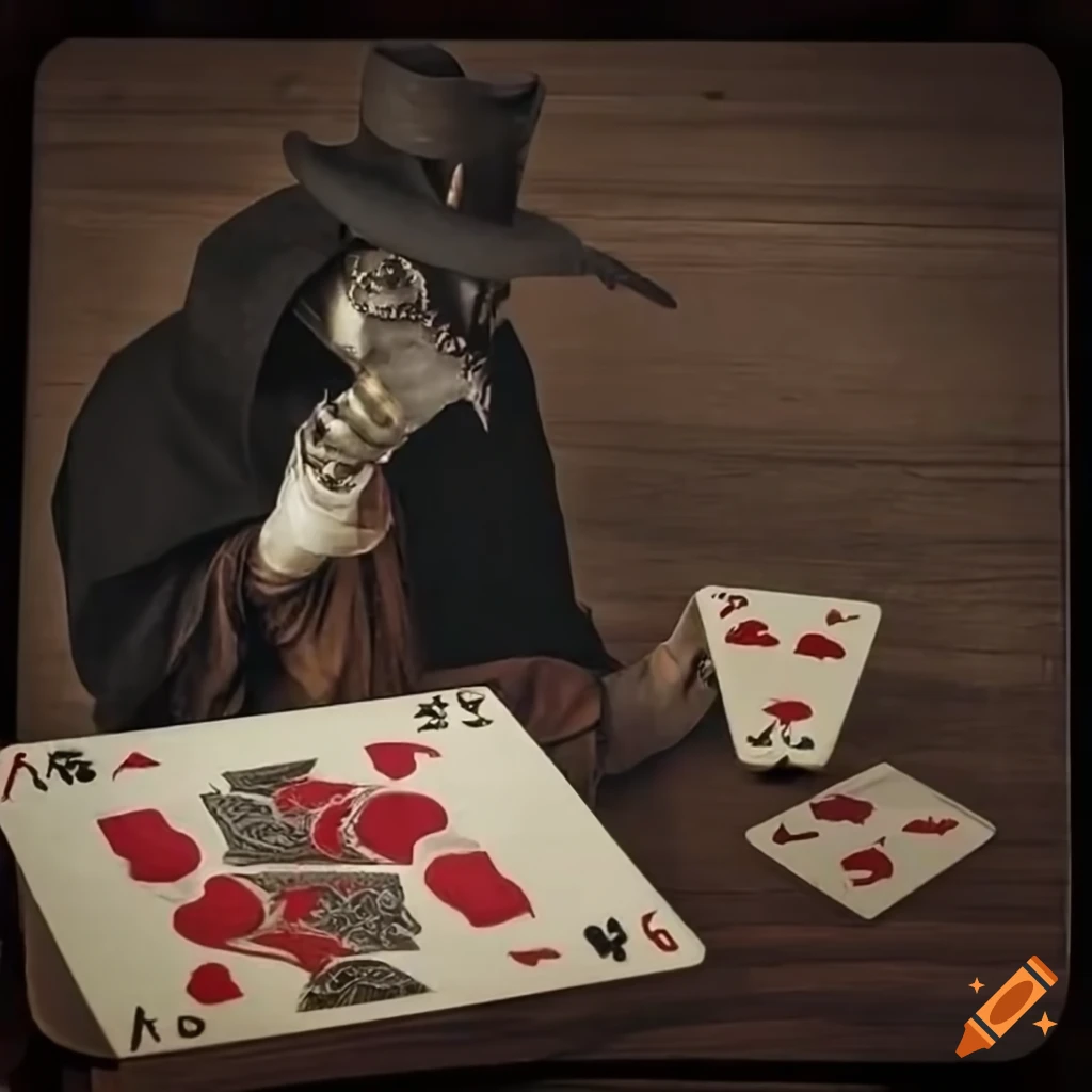 plague doctor playing cards in medieval setting