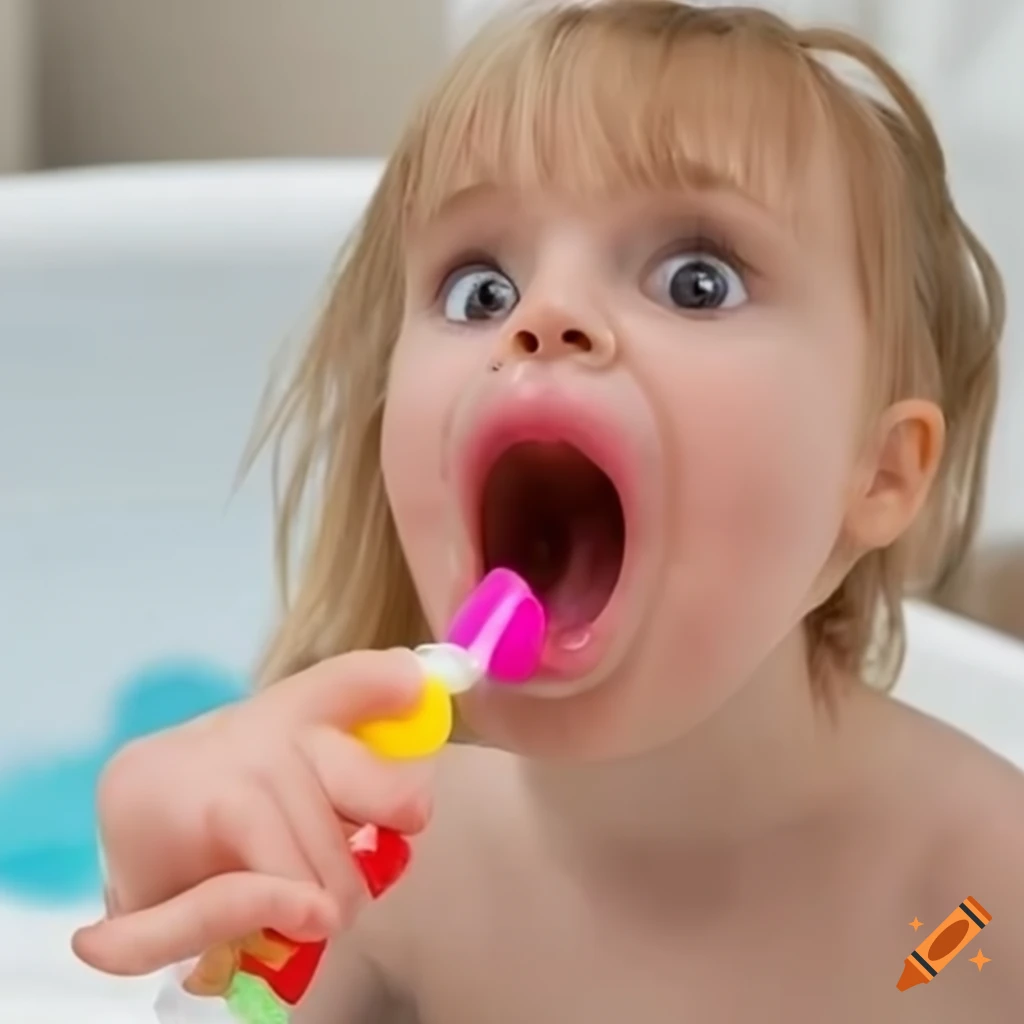 surprised blonde toddler girl eating a popsicle during bath time