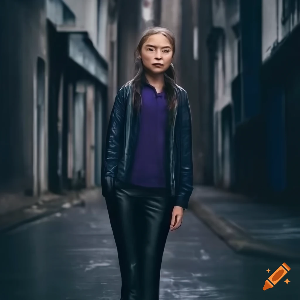 closeup of Greta Thunberg in stylish outfit