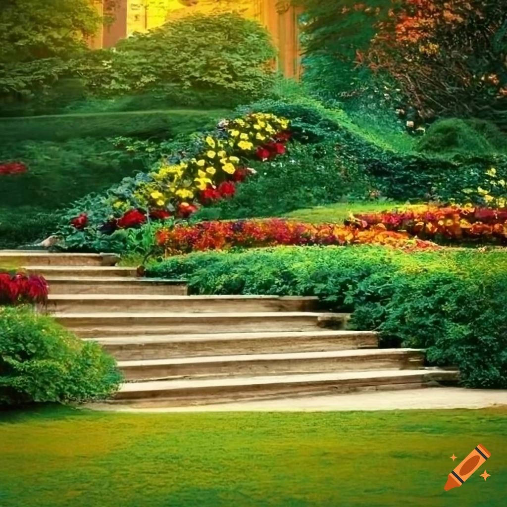 rococo garden with elegant stairs and flowerbeds