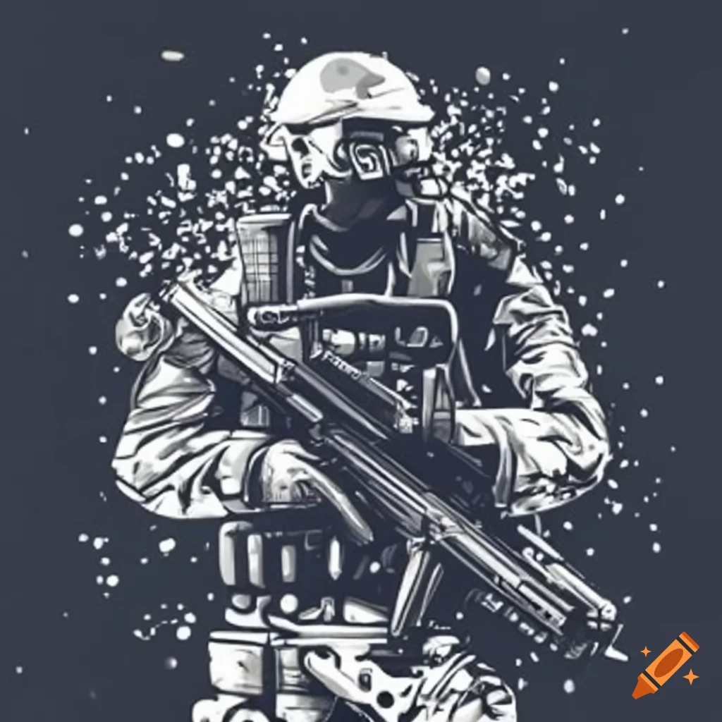 black and white stencil of a swat team soldier with rocket launcher