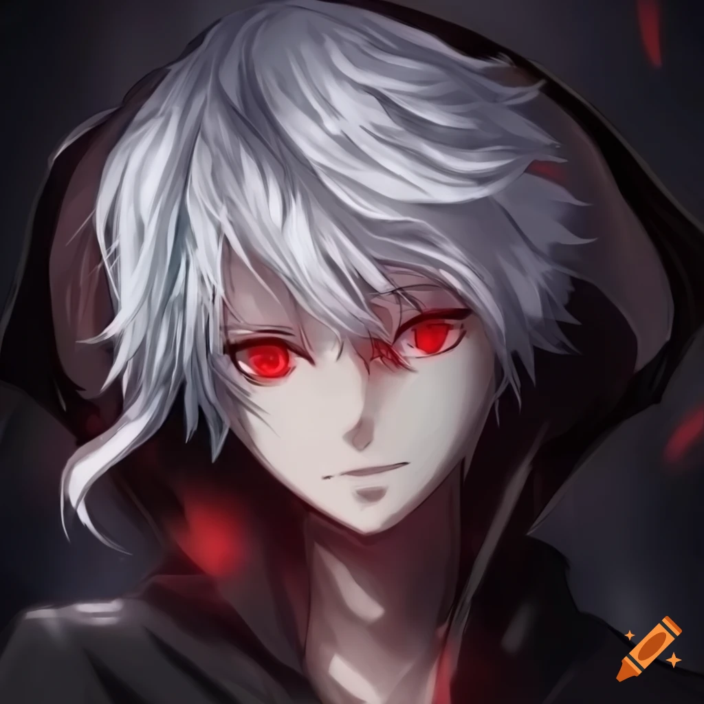 anime artwork of a mysterious guy with white hair and red eyes holding a scythe