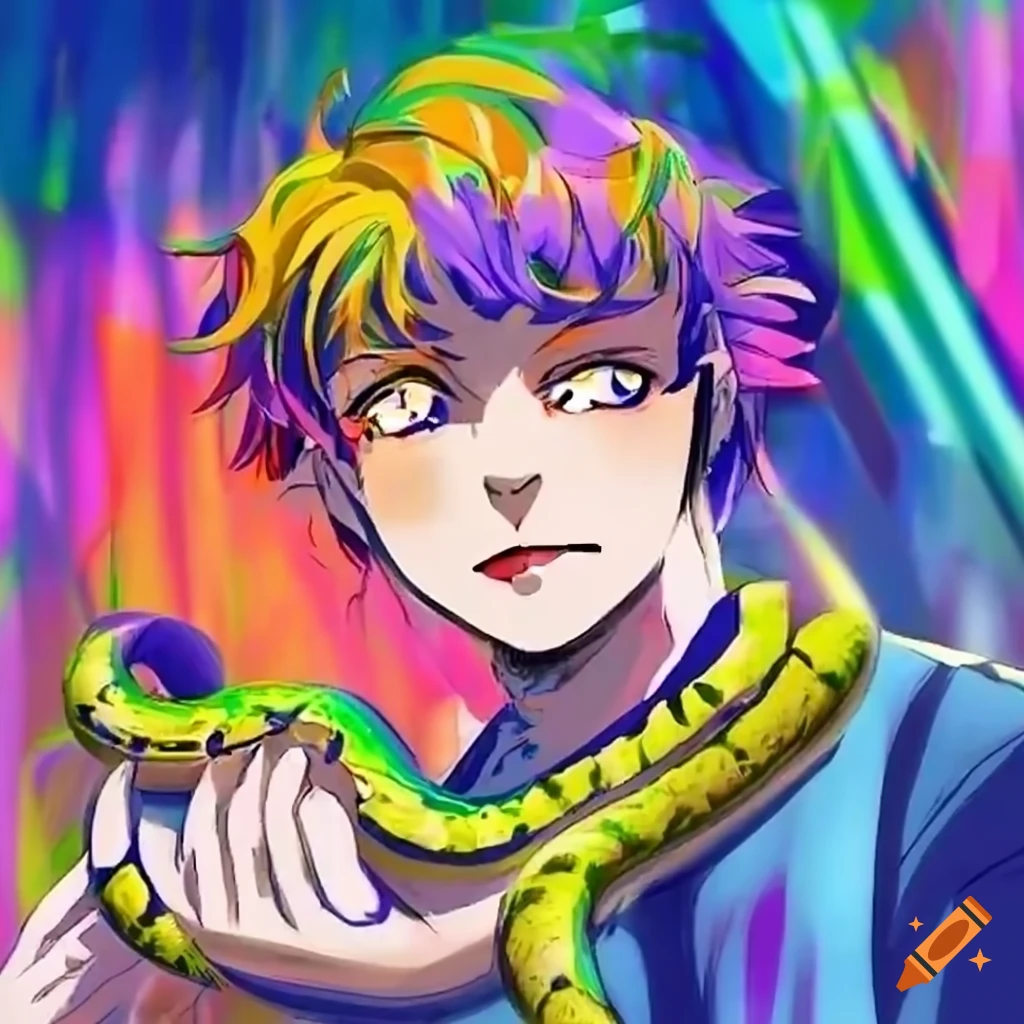 depiction of Hades as a high school student with snakes in the background