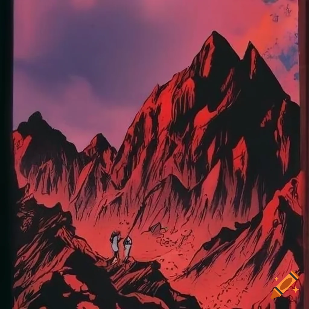 gritty manga cover with red mountains and stormy sky