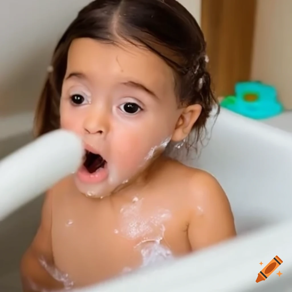 surprised toddler girl with straight hair and pigtails eating a white popsicle during bath time
