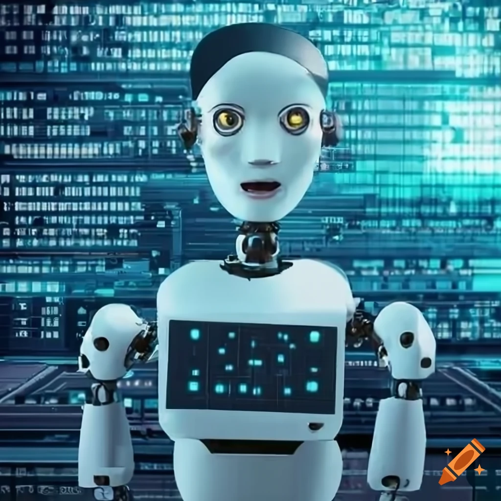 Factory robot problem solving with computer code background on craiyon