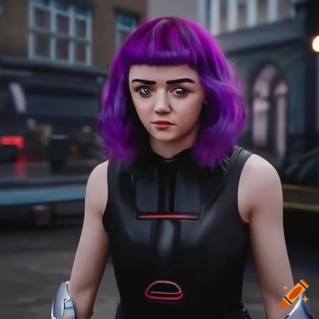 Image of maisie williams as a sci-fi girl with purple hair and an army ...