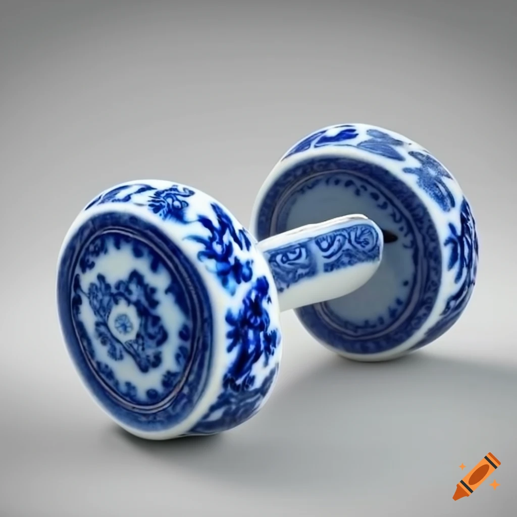 blue porcelain barbell on white background