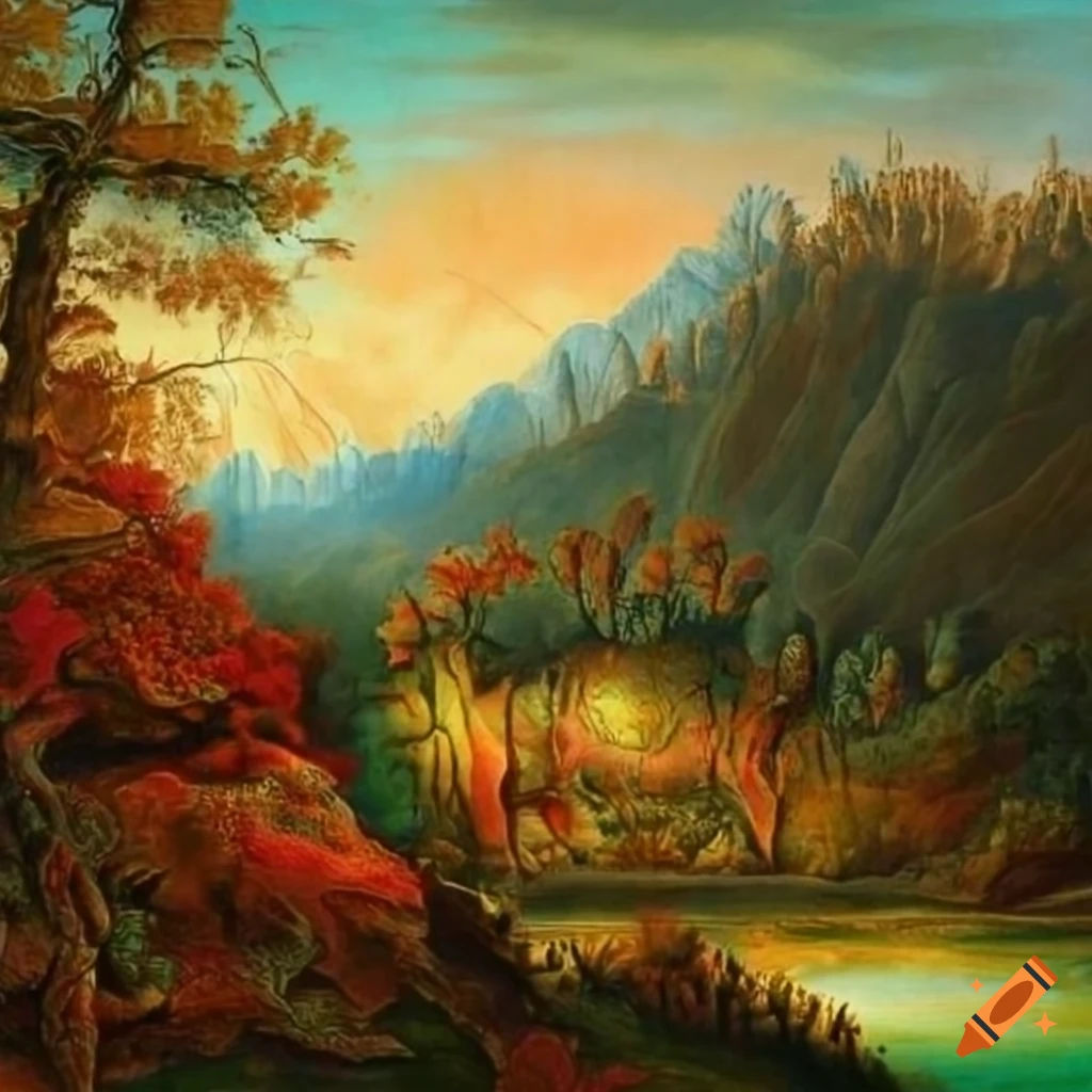 Colorful oil painting of imaginary landscapes