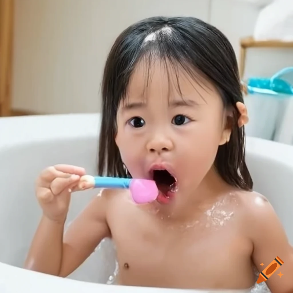 surprised Asian toddler girl enjoying bath time with a popsicle
