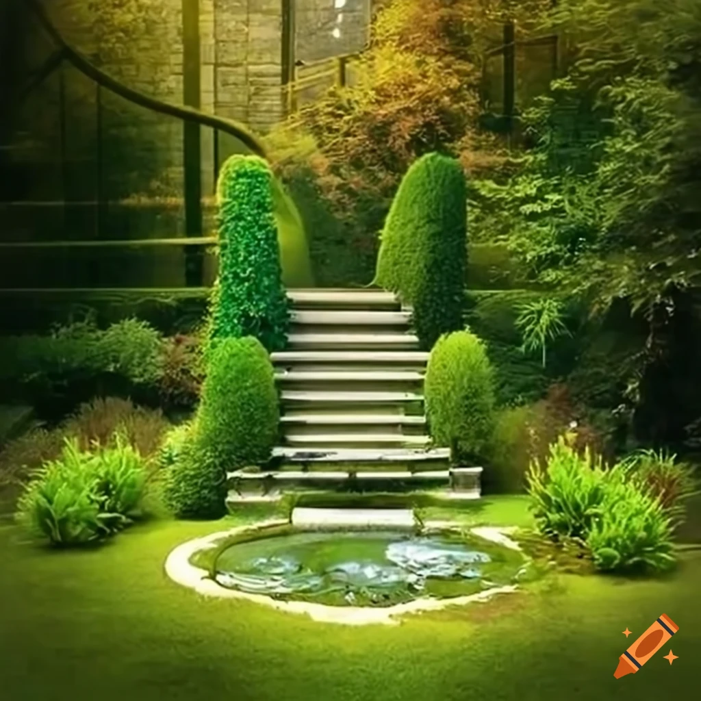 rococo garden with a pond and stairways