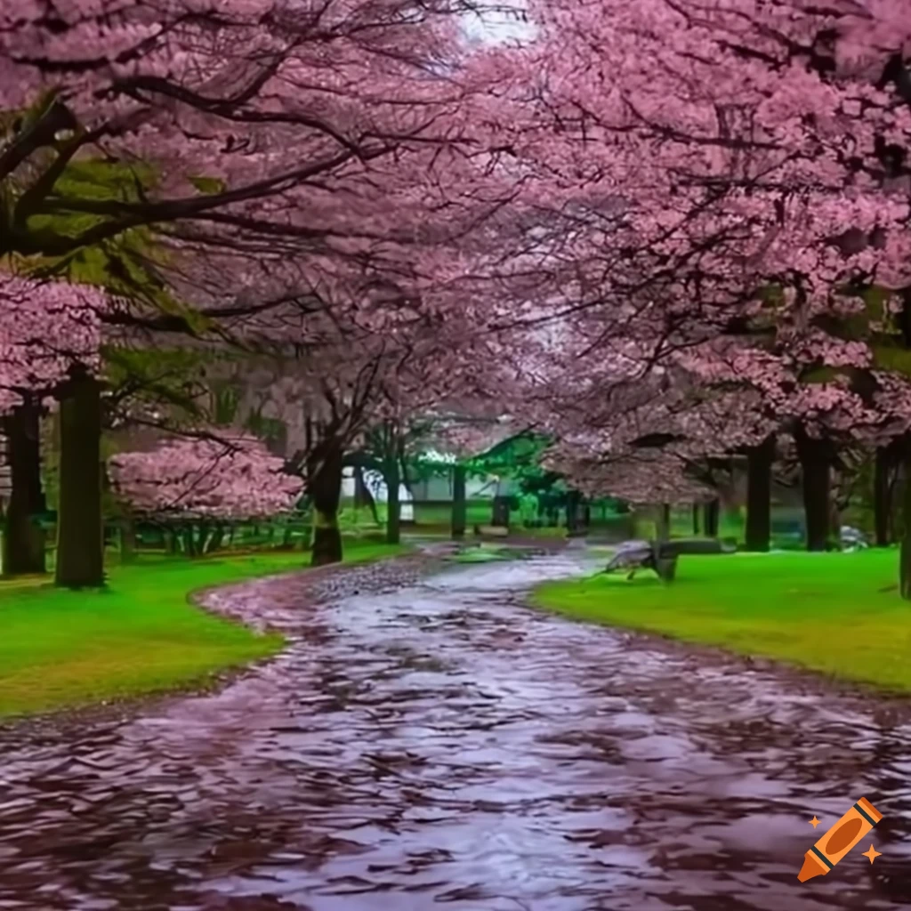 anime park scene with rain and cherry blossoms