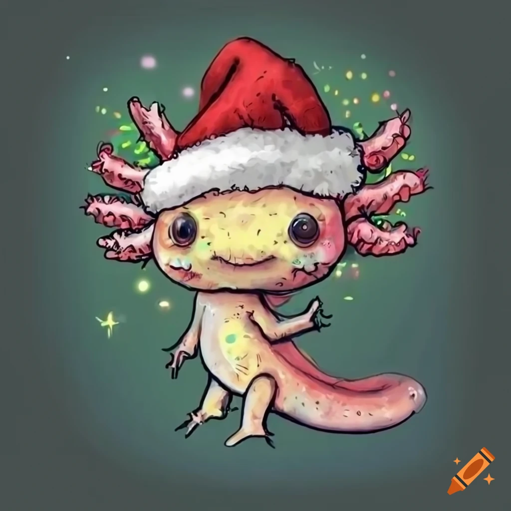 cute axolotl with christmas lights and santa hat