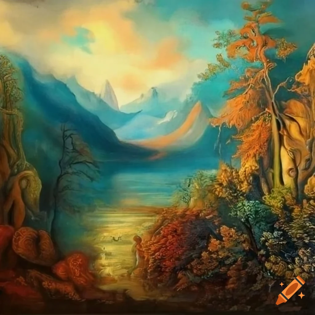 oil painting of a colorful and imaginative landscape