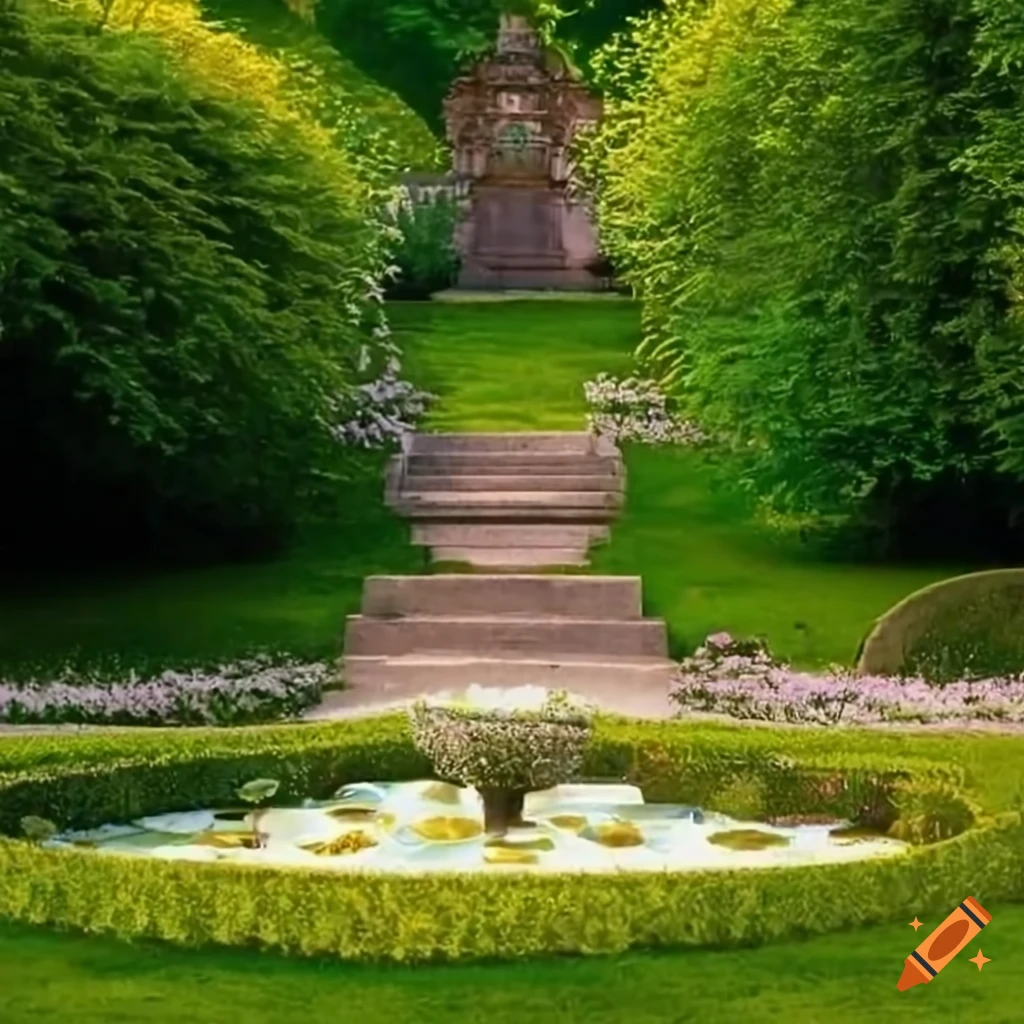 ornate garden with a fountain and flowers