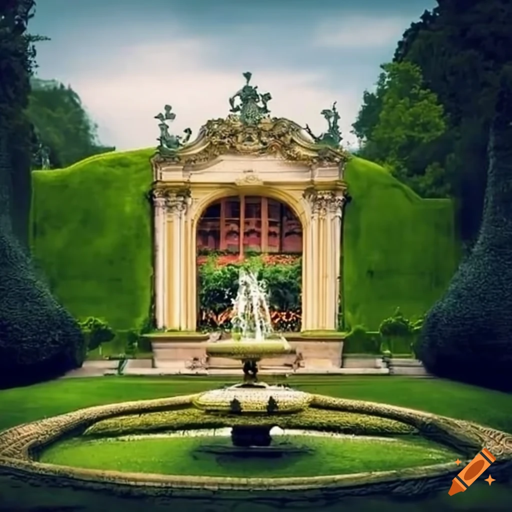 elegant garden with a fountain and flowerbeds