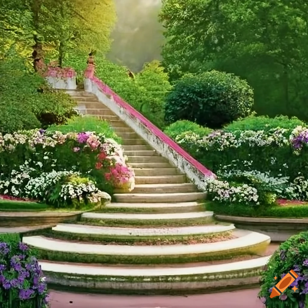 white rococo garden with stairs and flowerbeds