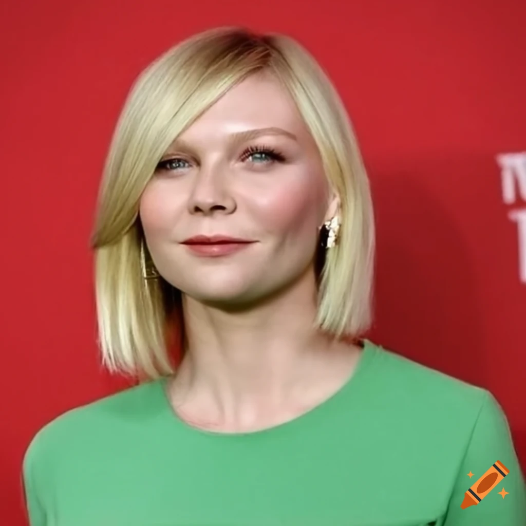 Kirsten Dunst with a straight bob haircut and green t-shirt
