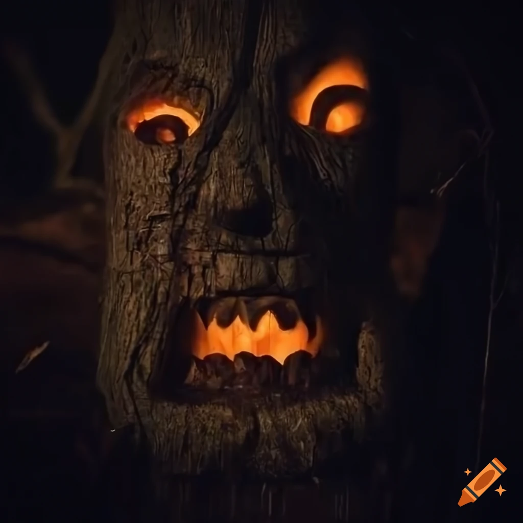 scary tree in the shape of a scarecrow in a spooky forest