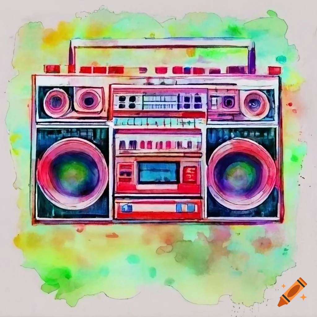 watercolor illustration of a Japan boombox in the 1970s