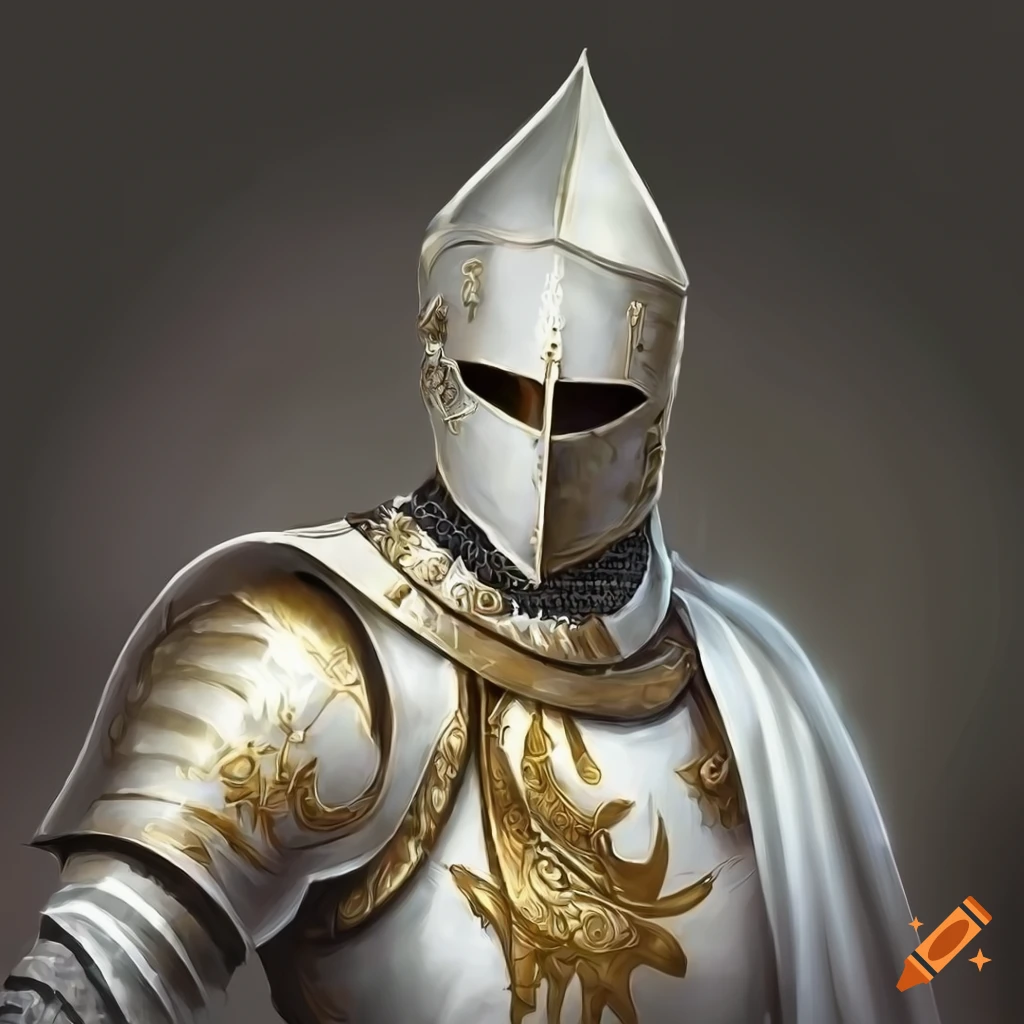 Detailed artwork of a knight in gold and white satin armor on Craiyon
