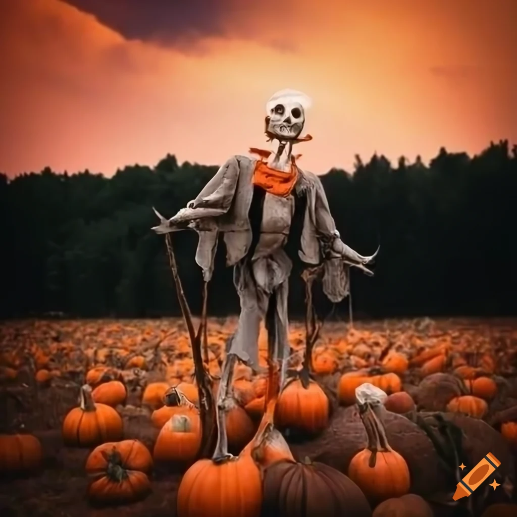 Scary scarecrow in a pumpkin field