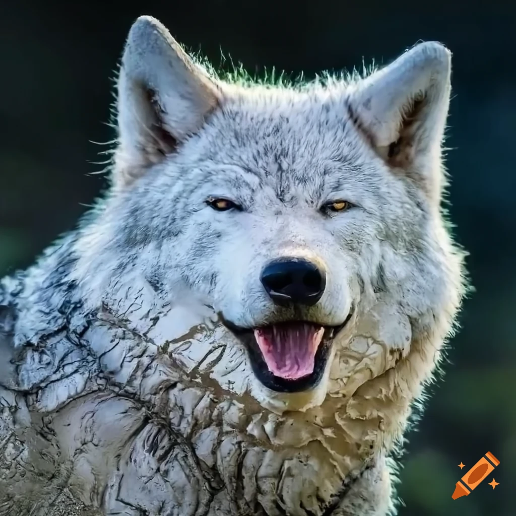 realistic image of a muddy white wolf smiling