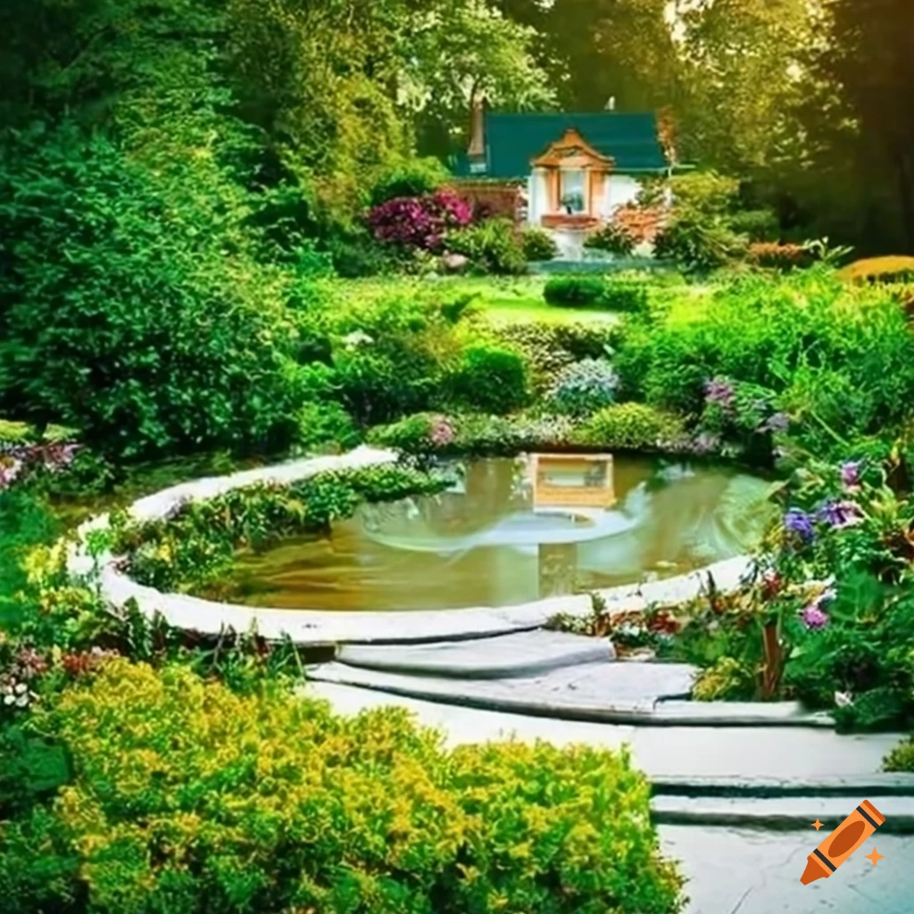 luxurious garden with a pond and baroque house