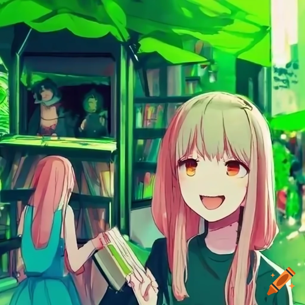 Anime girls enjoying the in a shopping street on Craiyon