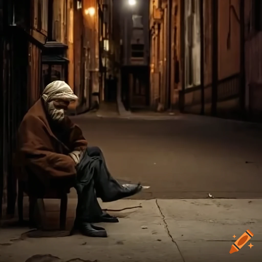 image of a man begging for money on a dimly lit street