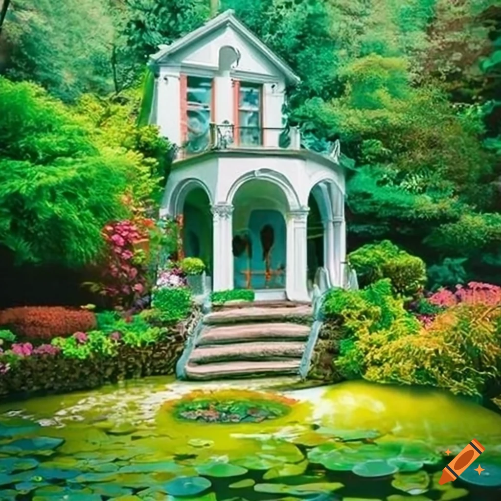 beautiful baroque garden with pond and flowerbeds