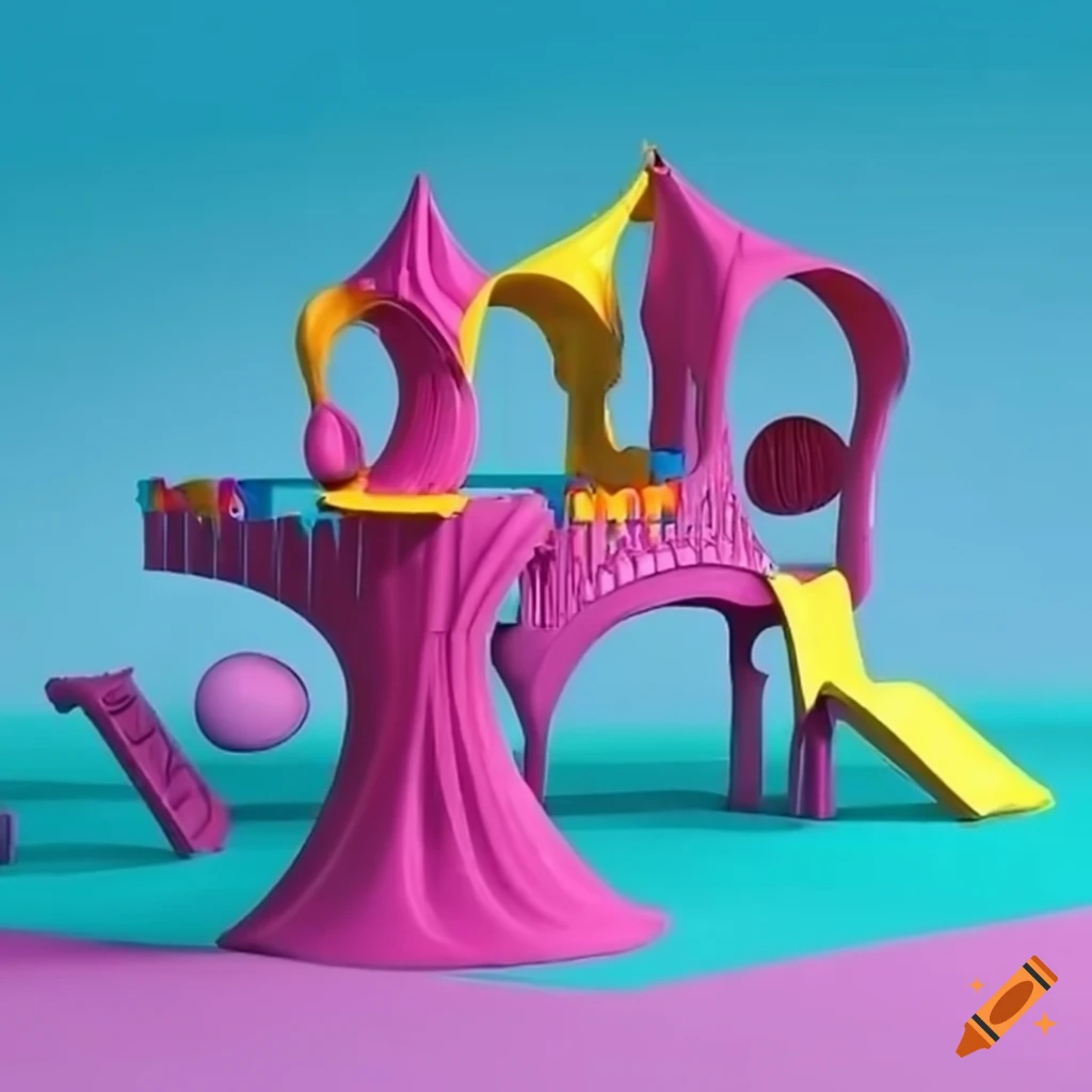 Surrealist playground with colorful structures on Craiyon