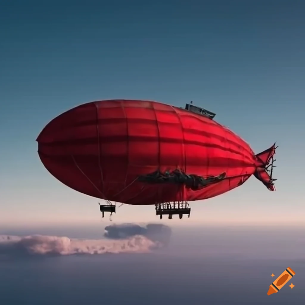 side view of a giant red velvet battle airship with side sails