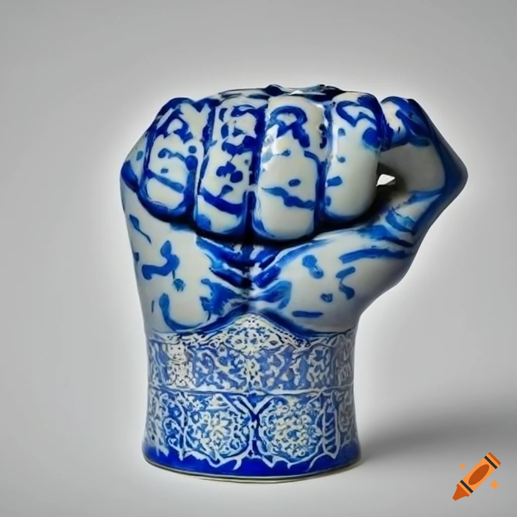 blue porcelain fist with arabic patterns on white background
