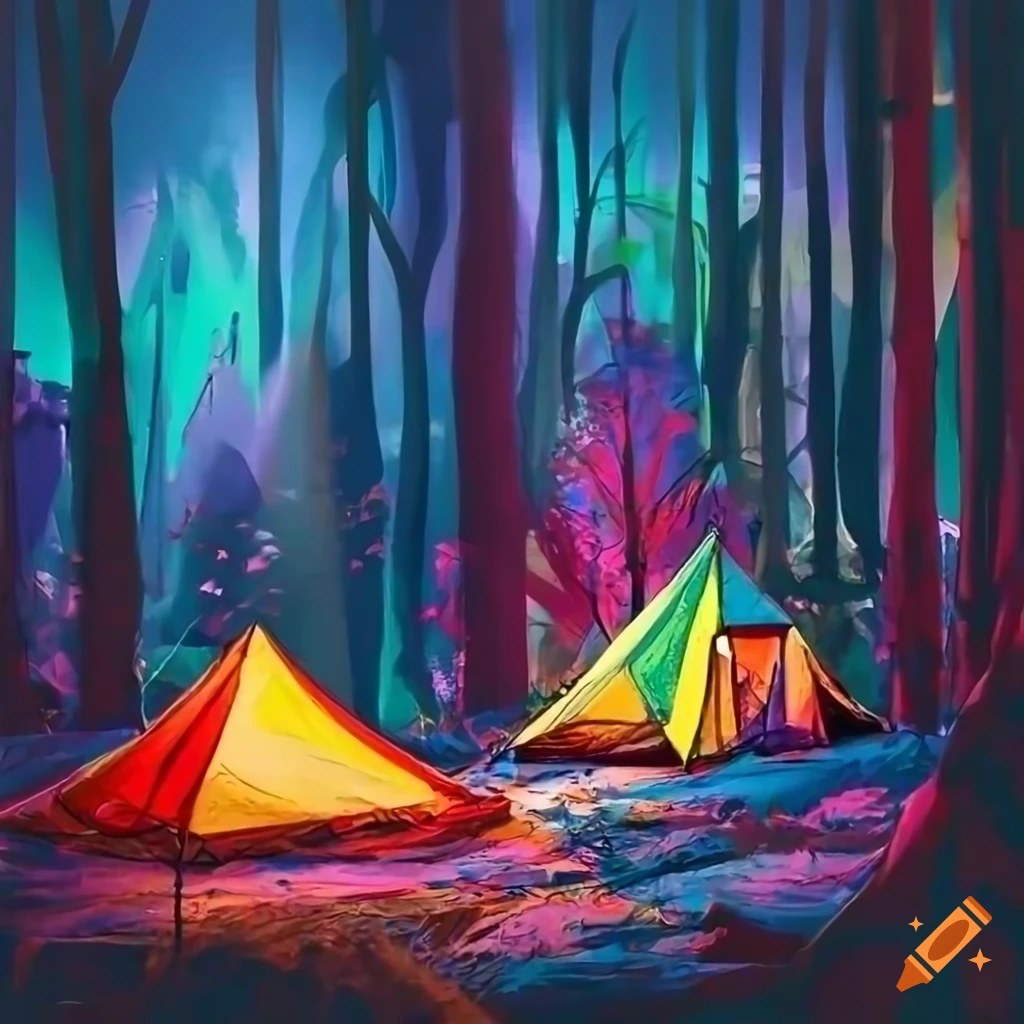 Colorful tent campsite in a forest