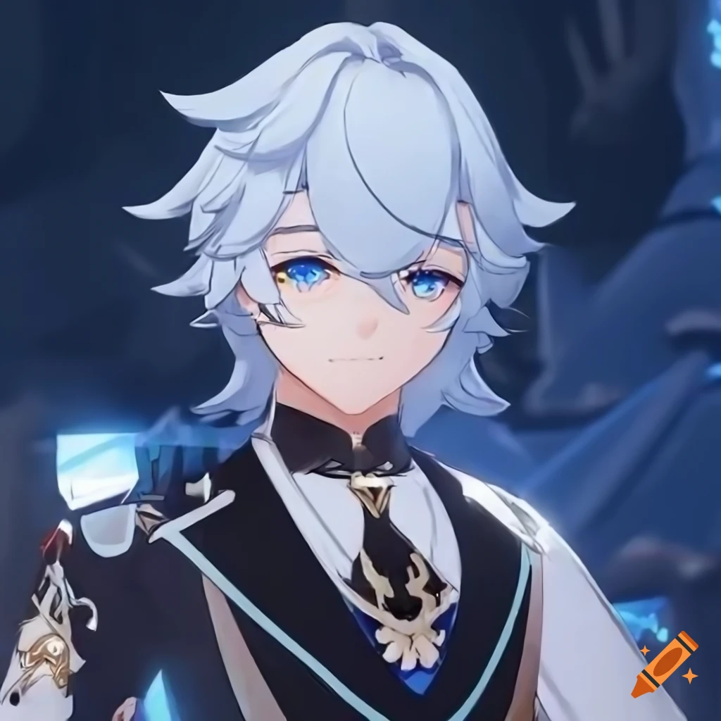 Genshin impact character with white hair and blue eyes on Craiyon