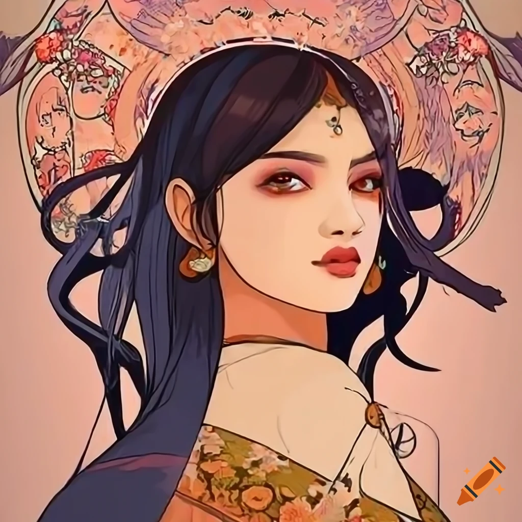 Manhwa style drawing of a greek goddess with brown hair and white eyes  wearing a traditional dress and golden jewelry