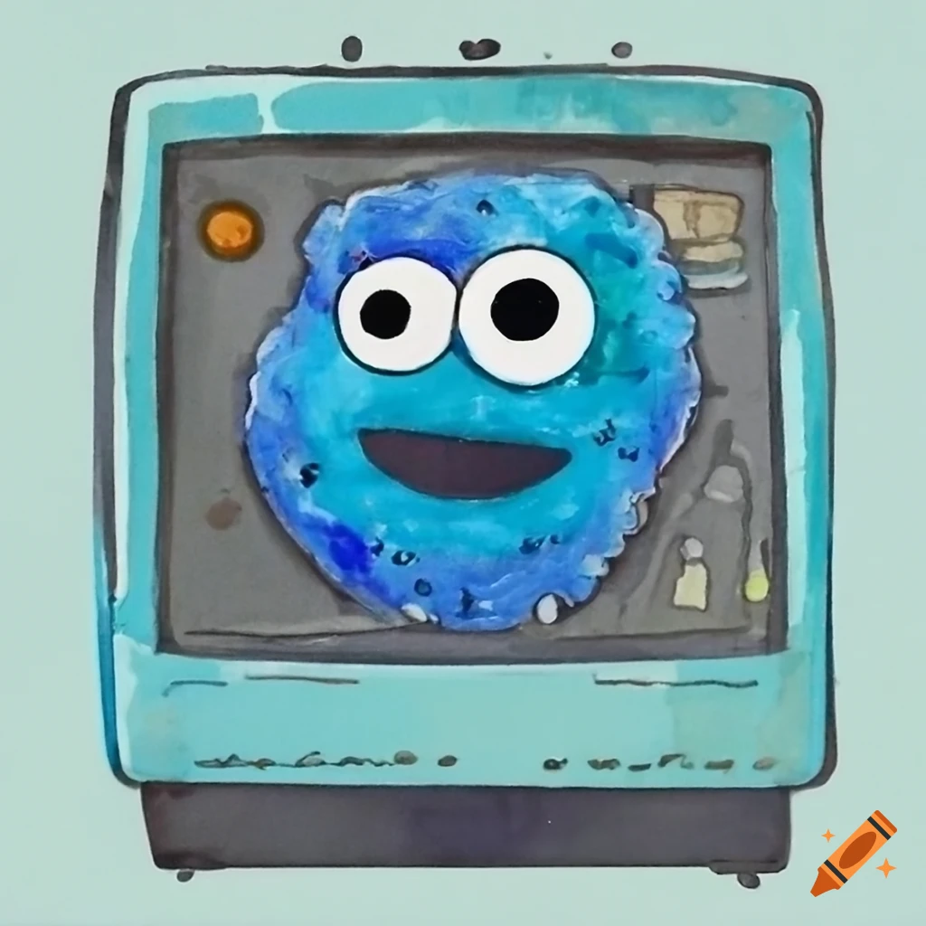 Cookie monster and googly eyes in an old tv on Craiyon
