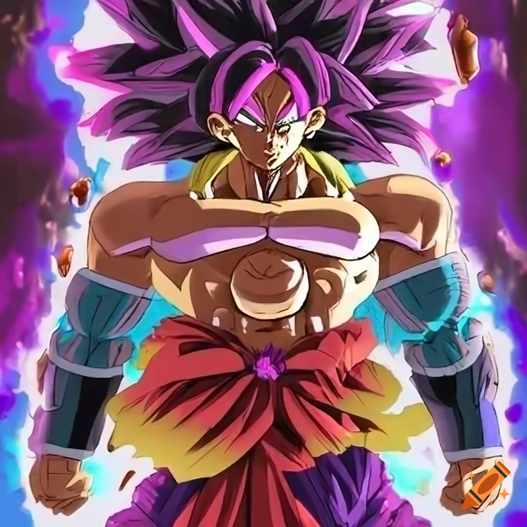 Gogeta ssj5 with purple and silver hair and ultra ego marks on his