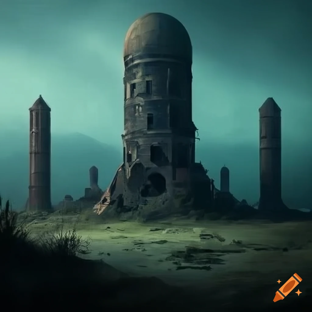 Surreal architectural ruins in a desolate landscape